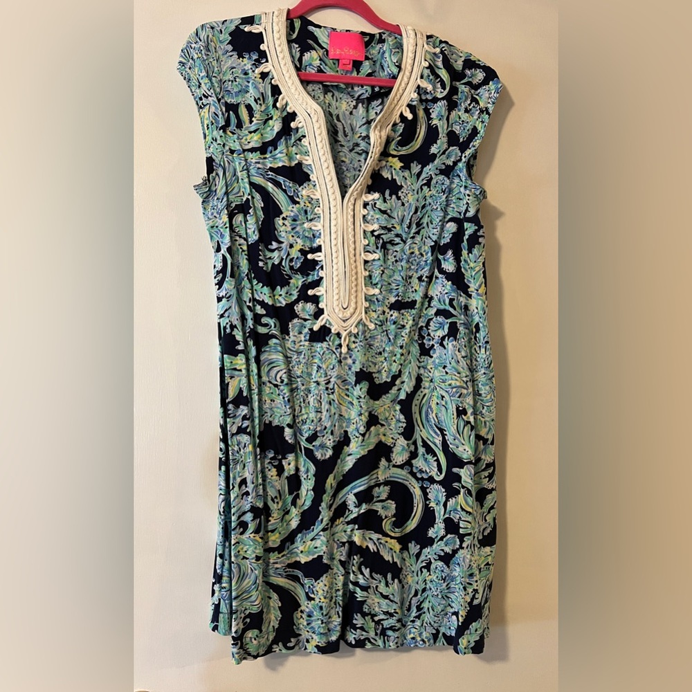 Lilly Pulitzer XL Short Sleeve Navy Print Rayon Dress Soutache Trim EUC